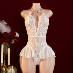 Women Floral Lace Deep V Teddy Babydoll