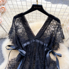 Lace Mesh V-Neck Split Dress – Elegant Sleepwear