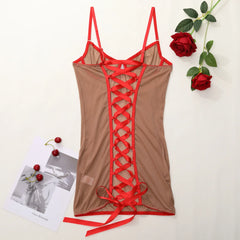 Brown dress with red lace-up details on a white background with roses and cherries.