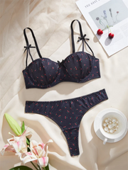 Cherry Print Lingerie Set – Cute 3-Point Bra & Panty with Bow Detail