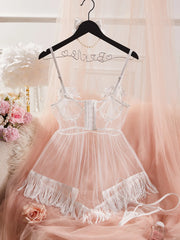 White Embroidered Mesh Nightgown – Backless Tassel V-Neck Dress