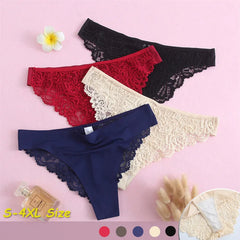 Four pairs of lace-trimmed panties in different colors on a pink background.