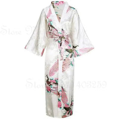 Floral and bird patterned robe with a pocket on a white background