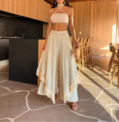 Trendy Tassel Pants Set – Off-Shoulder Halter Top & High-Waist Bottom