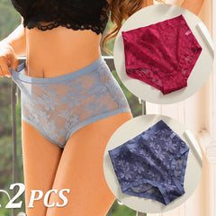 Woman wearing lace underwear with inset images of red and blue panties.