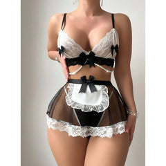 3-Piece Sexy Maid Lingerie Set with Bow Knot & Lace Mesh Skirt