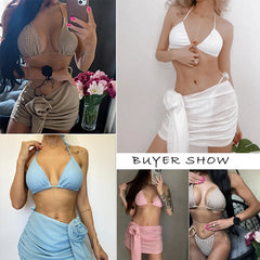 3-Piece Bikini Set with Matching Beach Skirt – Printed Swimwear & Cover-Up