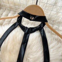 Luxury PU Leather Halter Backless Bodysuit – Sleek Hollow-Out Seduction