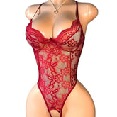 Red floral lace bodysuit with thin straps and a sweetheart neckline, displayed on a mannequin torso against a plain white background.