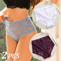 Woman wearing lace underwear with inset images of white and purple panties.