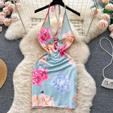 Floral Halter Backless Lace-Up Bodycon Dress