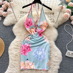 Floral Halter Backless Lace-Up Bodycon Dress