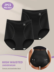 Two pairs of black high-waisted underwear with a plus size label on a beige background.