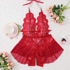 Women's Sexy See-Through Lace Flower Print Bodysuit Teddy Doll Dress Backless One-piece Deep V Open Bra Crotchless Lingerie Set