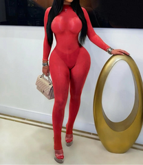 Women's Sheer Long-Sleeve High-Neck Fitted Jumpsuit