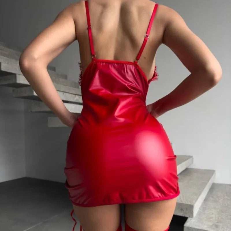 Person wearing a red satin nightgown in an indoor setting