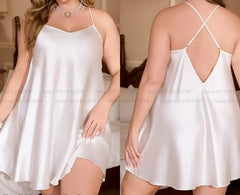 White satin nightgown worn by a model, shown from front and back views.