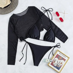 Black two-piece swimsuit with matching top and bottom on a light gray background.