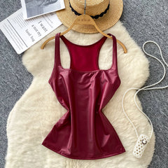 PU Leather Sleeveless Square Neck Tank Top – Women’s Club-wear