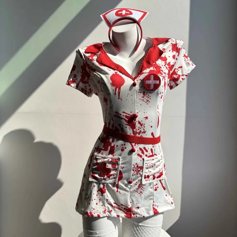 Mannequin wearing a Bloody Nurse costume with red cross details on a neutral background