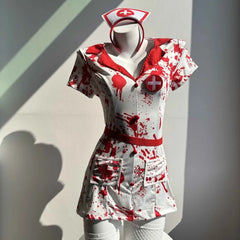 Mannequin wearing a Bloody Nurse costume with red cross details on a neutral background