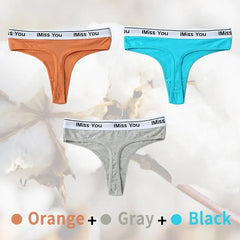 Three pairs of men's underwear in orange, gray, and black with 'I Miss You' waistband on a white background.