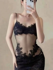 Person wearing a black lace lingerie set against a plain background