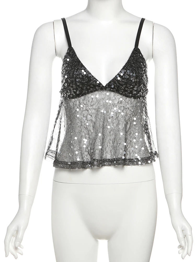 Black sequin top on a mannequin against a white background