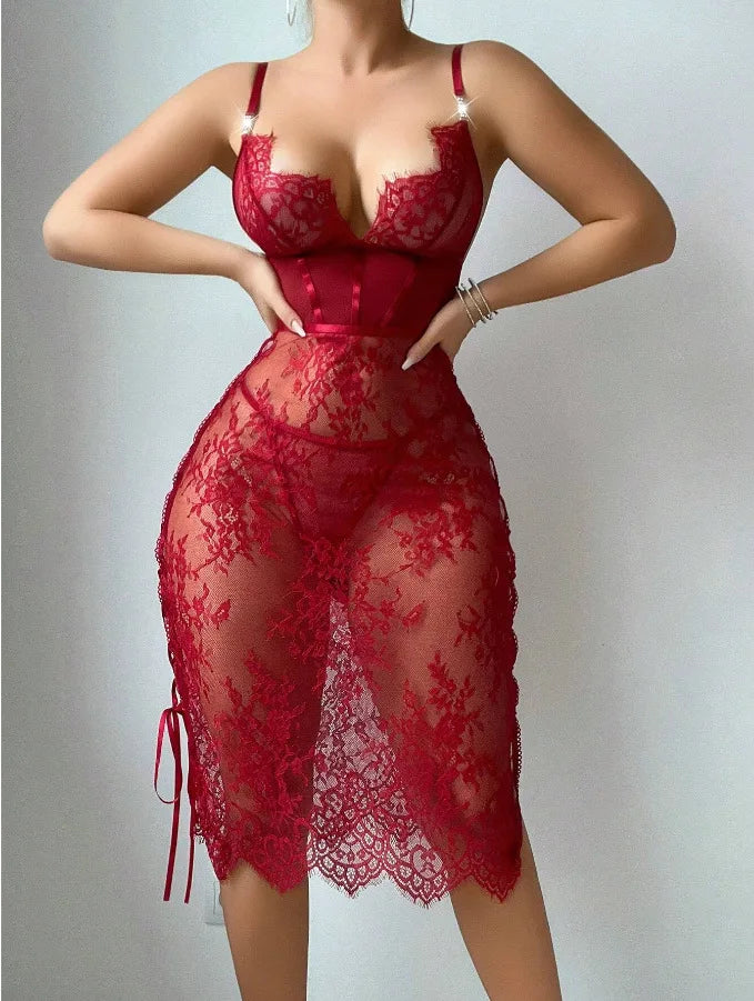 Red lace lingerie set on a plain background