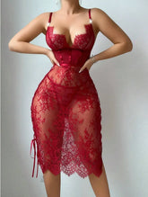 Red lace lingerie set on a plain background