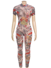 Sheer Dragon Print Jumpsuit – Backless Slim Fit Clubwear for Women