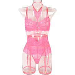 Pink lace lingerie set on a mannequin against a white background