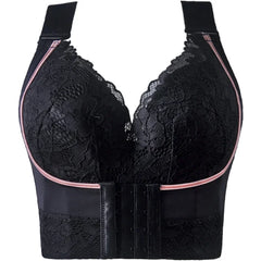Black lace bra with pink accents on a white background