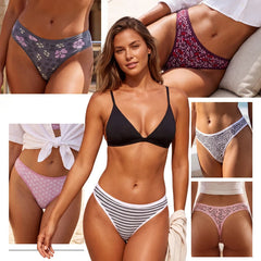 A collage of women modeling bikini and underwear sets. The center panel shows a woman wearing a black triangle bikini top and white striped high-waisted bikini bottoms.