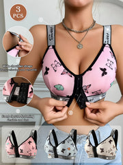 Pink bra with butterfly design worn by a person, with close-up details and additional bras displayed below.