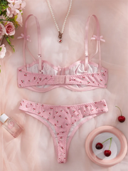Cherry Print Lingerie Set – Cute 3-Point Bra & Panty with Bow Detail