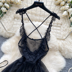Sexy Lace Nightwear Dress – Ruffle Straps & Bow Back Design