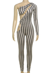 Striped Hollow Ruched Jumpsuit – Sexy Full Sleeve Clubwear for Women