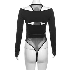 Black long-sleeve bodysuit with mesh cutouts on a mannequin against a white background