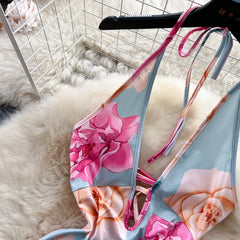 Floral Halter Backless Lace-Up Bodycon Dress