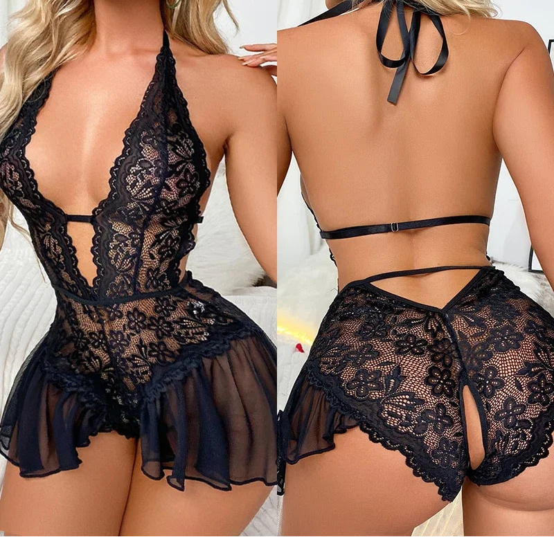 Black lace lingerie set worn by a model, shown from front and back views.