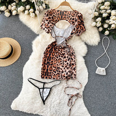 Leopard Print Lace-Up Night Dress – Sexy Slim-Fit Short Sleeve Lingerie
