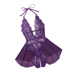 Women's Sexy See-Through Lace Flower Print Bodysuit Teddy Doll Dress Backless One-piece Deep V Open Bra Crotchless Lingerie Set