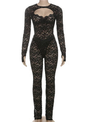 2-Piece Hollow Jacquard Bodysuit & Leggings Set – Sexy Backless Clubwear