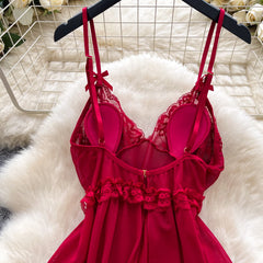 Irregular Mesh Lace Spliced Nightgown – Women’s Sheer Sleepwear Dress