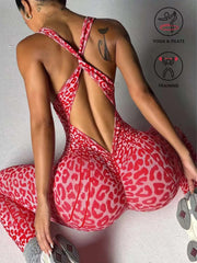 Leopard Print Cross Back Athletic Jumpsuit