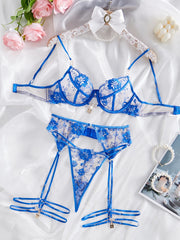 Embroidered Sequin Garter Three-Piece Lingerie Set