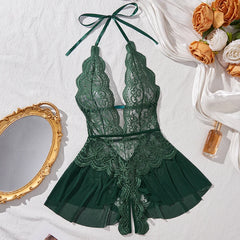 Women's Sexy See-Through Lace Flower Print Bodysuit Teddy Doll Dress Backless One-piece Deep V Open Bra Crotchless Lingerie Set