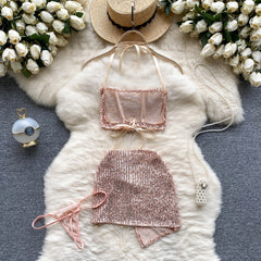 Sexy Sequin Halter Mini Set – Lace-Up & Backless Clubwear