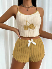 Women Cherry Embroidered Ribbed Cami Pajama Set